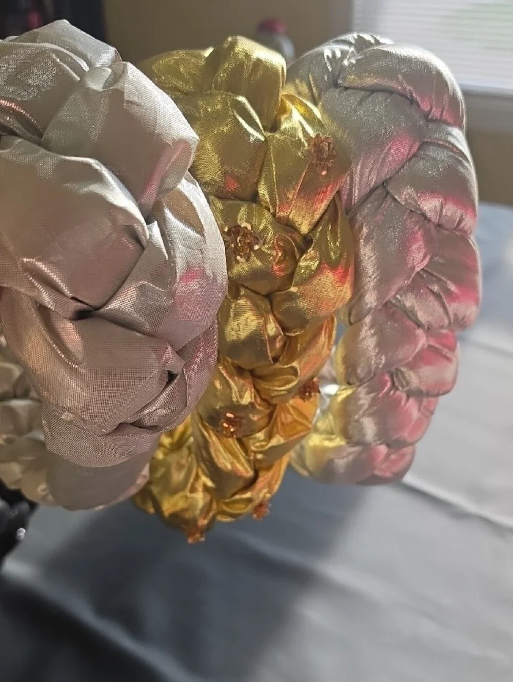 Women’s Braided Satin Donut Hats/ Headband - Pink, Red, Gold, Black, Cream.